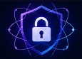 A padlock on a shield encircled by atomic orbits