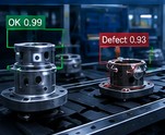 Machined parts on a production line labelled OK and Defect by a detection system