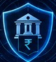 A bank building with a rupee symbol inside a shield
