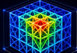Qreate: a lattice cube rendered as a simulation heat-map