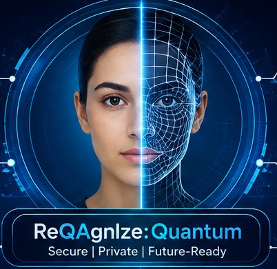 ReQAgnIze: a face shown half as a photograph and half as a biometric wireframe mesh, inside a circular scanning interface